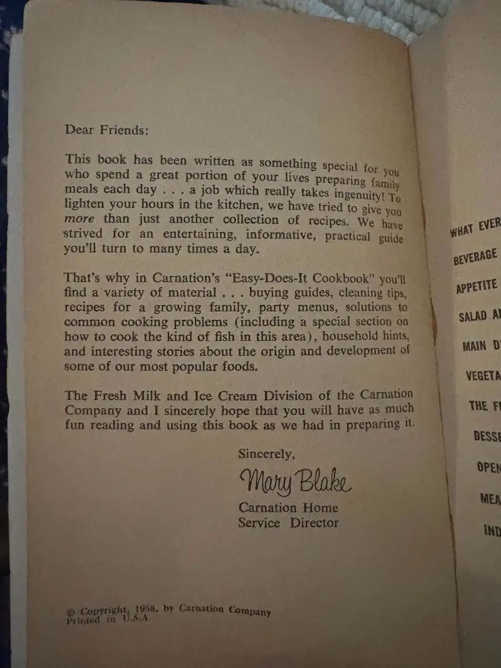 Vintage 1958 Carnation's Easy-Does-It Cookbook by Mary Blake